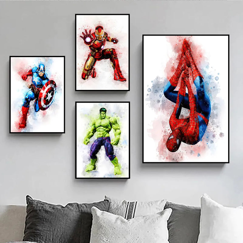 Tela e pôster aquarela dos personagens da Homem Aranha para decoração