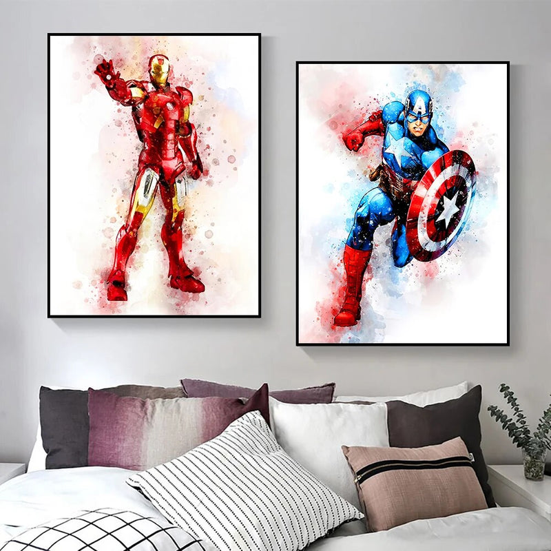 Tela e pôster aquarela dos personagens da Marvel para decoração