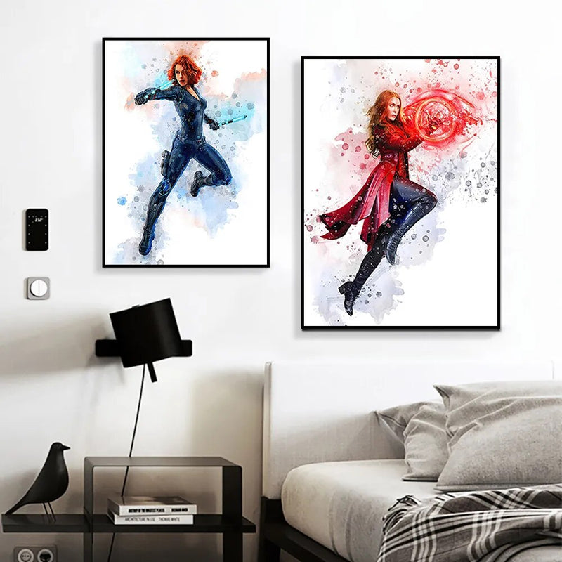 Tela e pôster aquarela dos personagens da Marvel para decoração